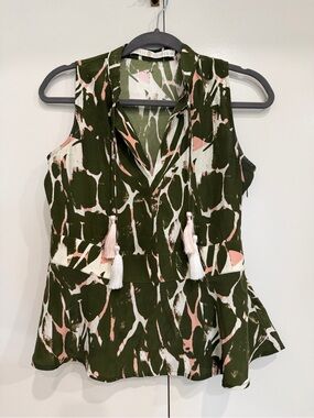 Marie Oliver Olive Green Sleeveless Printed Tie-Front Silk Blouse with Tassels
